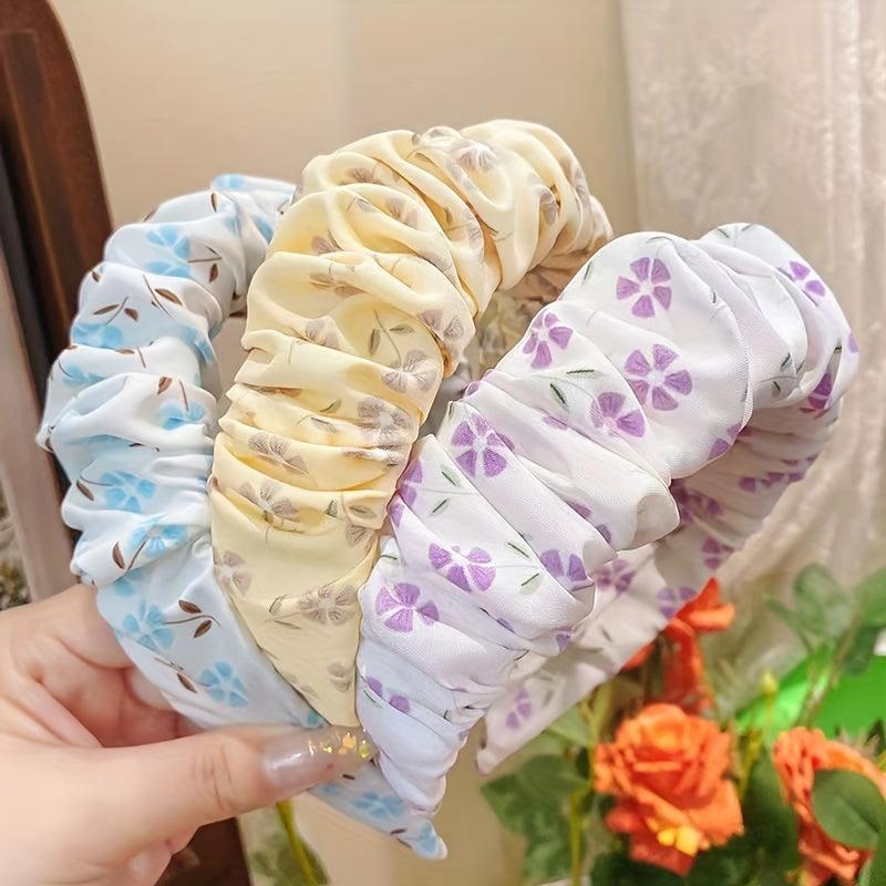 Floral Print Ruched Ruffled Headband Sweet Headdress Wide Head Hoop