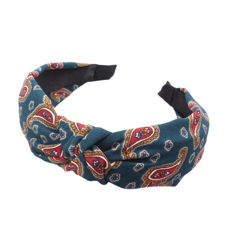 Boho Paisley Print Hair Band Cross Knotted Headband Wide Headdress