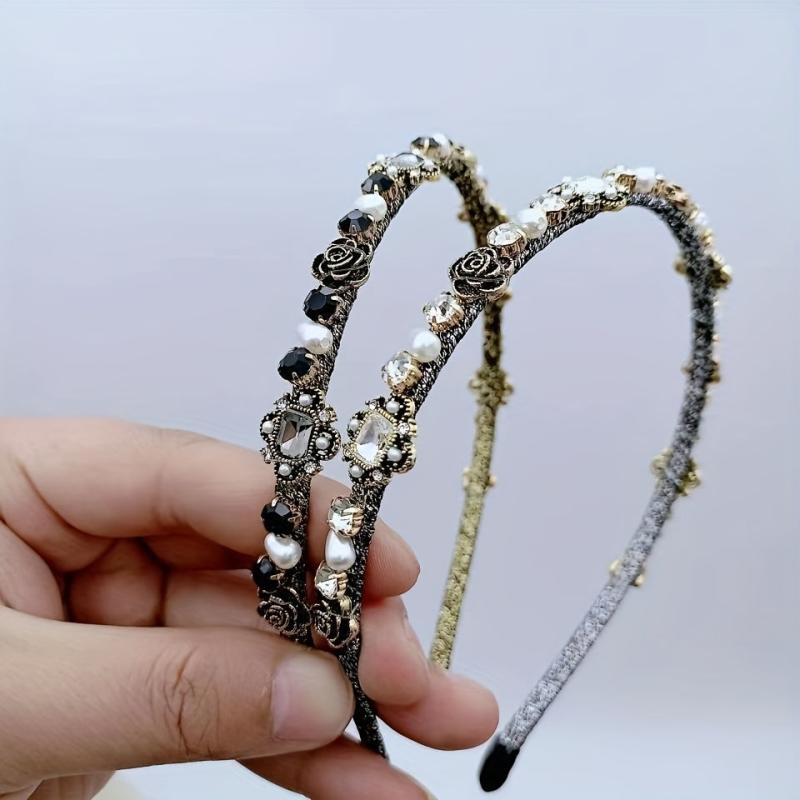 Rose Headband Rhinestone Faux Pearl Head Hoop Retro Style Sweet Headdress
