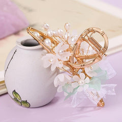 Vintage Chinese Style Hair Claw Clip Faux Pearl Flower Leaf Metal