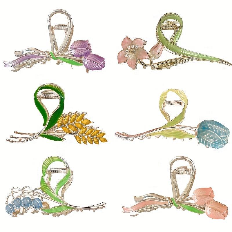 Flower Pattern Hair Claw Metal Tulip Sunflower Shark Claw Ponytail Holder