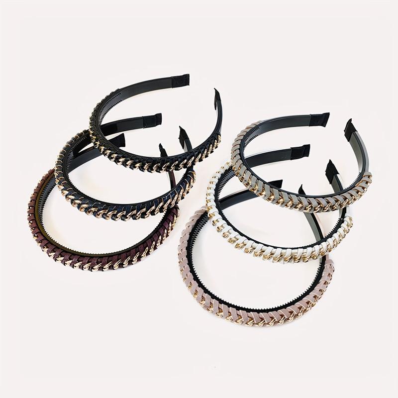 Vintage PU Leather Headband Chain Braided Hair Band Metal Head Hoop