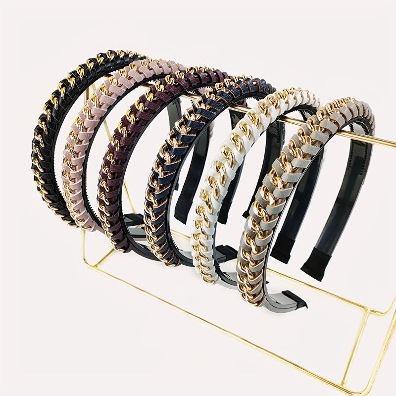 Vintage PU Leather Headband Chain Braided Hair Band Metal Head Hoop