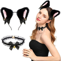 Cat Ears Hair Hoop & Bow Lace Choker Set