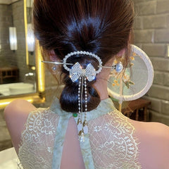 Rhinestone Bow Hairpin w/ Faux Pearl Tassel Glitter Hair Cuff Clip for Ponytail