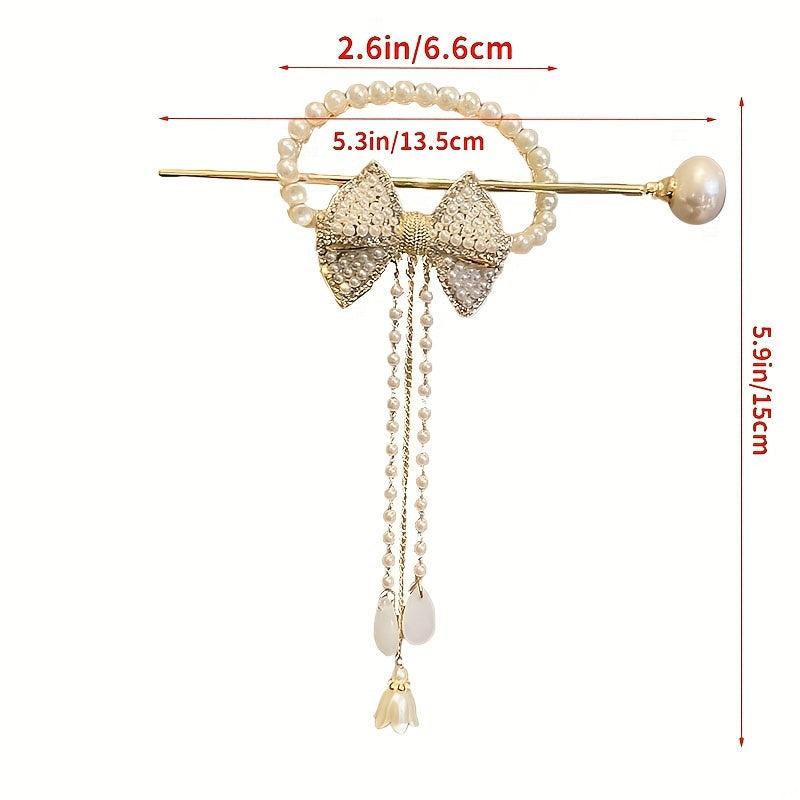 Rhinestone Bow Hairpin w/ Faux Pearl Tassel Glitter Hair Cuff Clip for Ponytail