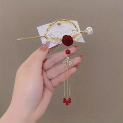Rhinestone Bow Hairpin w/ Faux Pearl Tassel Glitter Hair Cuff Clip for Ponytail