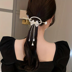 Rhinestone Bow Hairpin w/ Faux Pearl Tassel Glitter Hair Cuff Clip for Ponytail