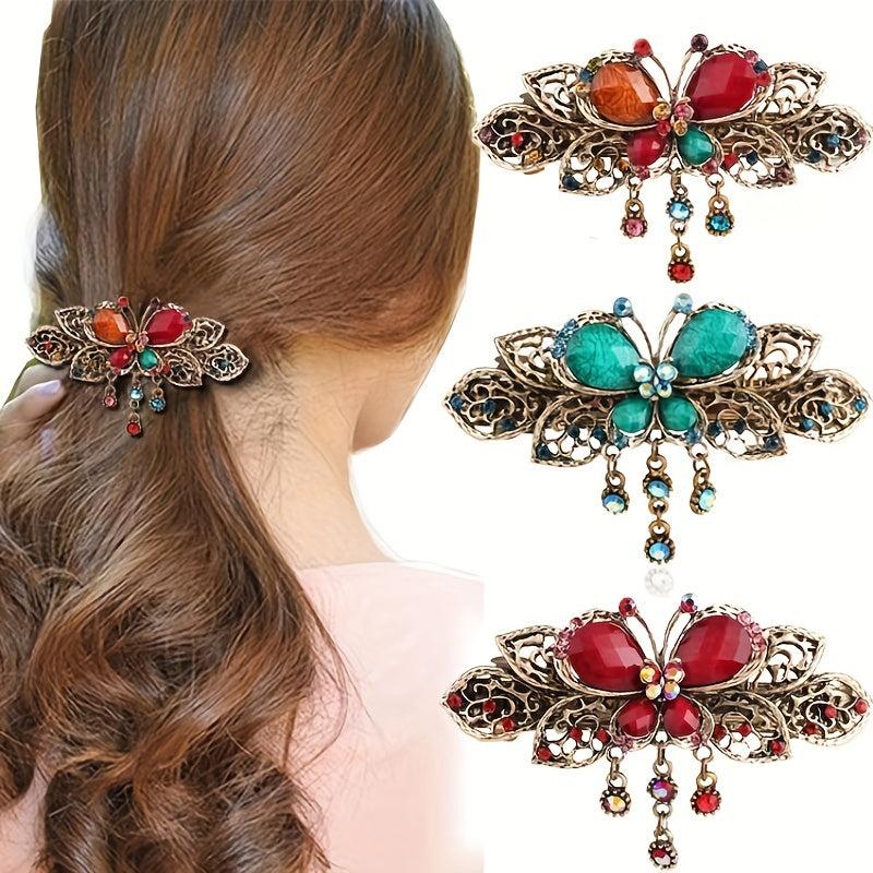Retro Butterfly Crystal Hair Clip Rhinestone Hollow Duck Billed Head Jewelry