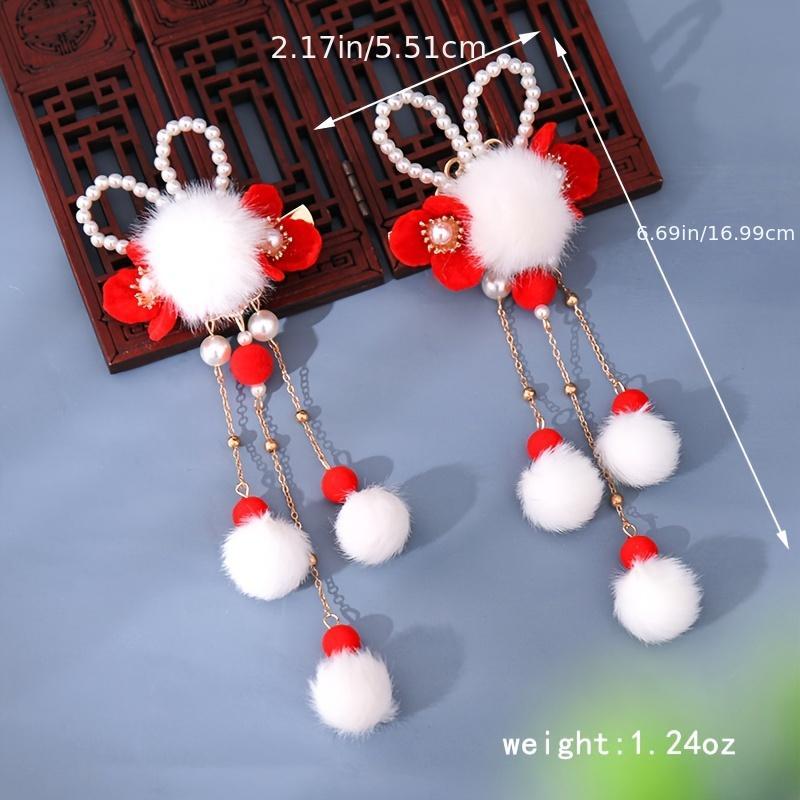 Vintage Red Flower Tassel Hairpin Fur Ball Clip Cheongsam Hair Accessory