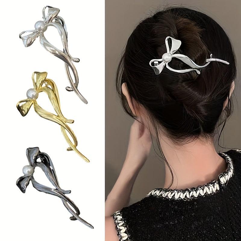 3pcs Silvery Bow Hair Claw Faux Pearl Clip