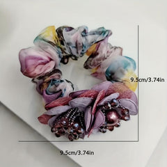 Beaded Flower Scrunchies Organza Hair Tie Colorful Hair Rope Faux Pearl Hair Rin