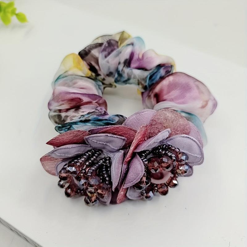 Beaded Flower Scrunchies Organza Hair Tie Colorful Hair Rope Faux Pearl Hair Rin