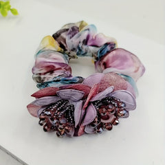Beaded Flower Scrunchies Organza Hair Tie Colorful Hair Rope Faux Pearl Hair Rin