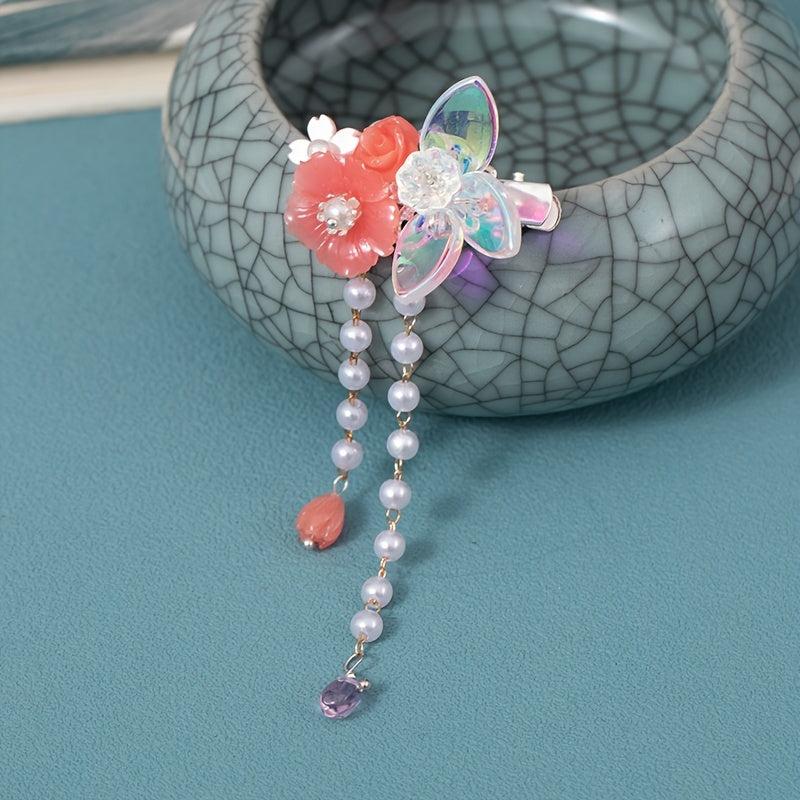 Tassel Pink Flower Pearl Hair Clip Vintage Cheongsam Hair Accessories