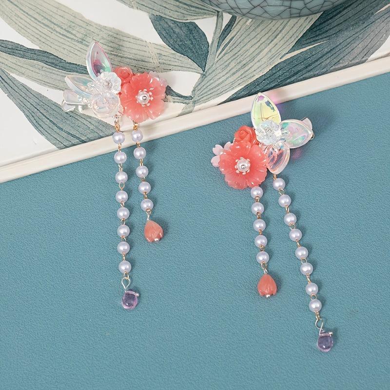 Tassel Pink Flower Pearl Hair Clip Vintage Cheongsam Hair Accessories