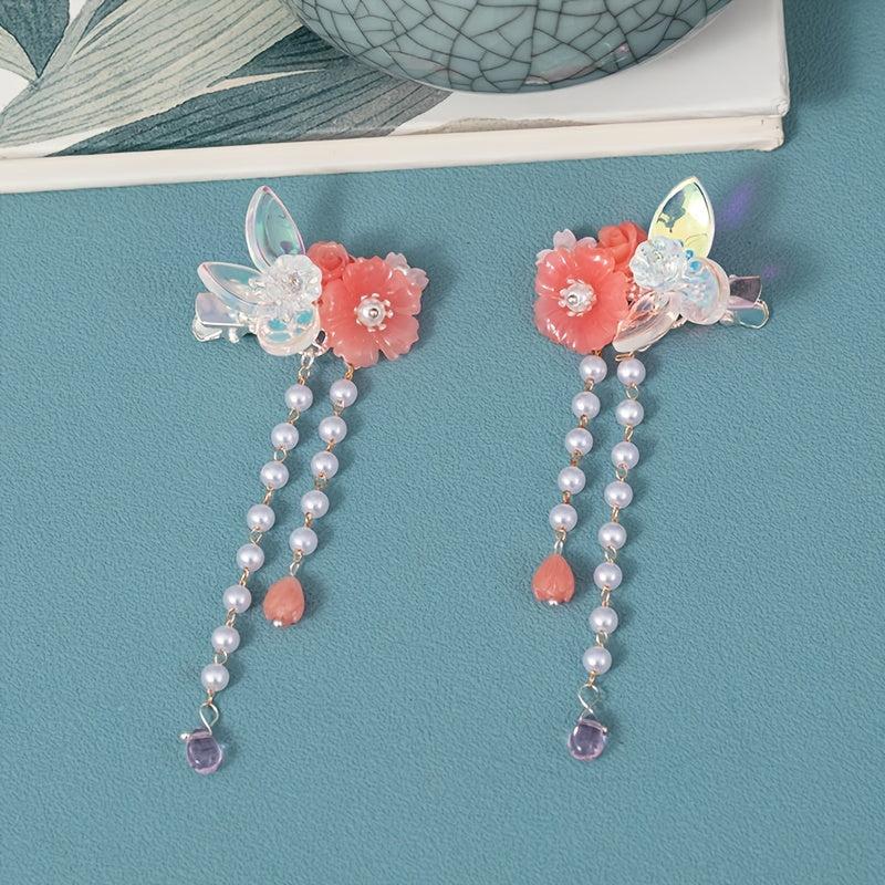 Tassel Pink Flower Pearl Hair Clip Vintage Cheongsam Hair Accessories