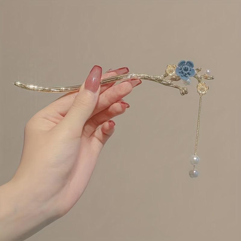 Flower Hair Stick Faux Pearl Tassel Hair Fork Ponytail Bun Holder