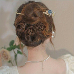 Flower Hair Stick Faux Pearl Tassel Hair Fork Ponytail Bun Holder