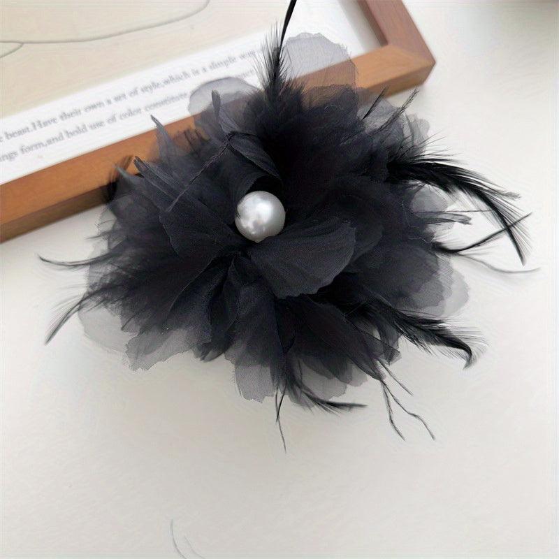 Large Yarn Hair Claw Clip with Faux Pearl and Simulation Feather