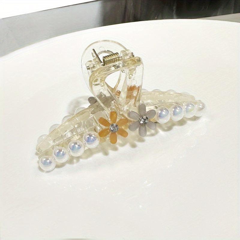 Faux Pearl Hair Claw With Flower Jelly Hair Claw Ponytail Holder
