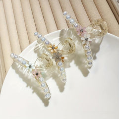 Faux Pearl Hair Claw With Flower Jelly Hair Claw Ponytail Holder