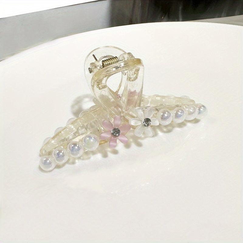 Faux Pearl Hair Claw With Flower Jelly Hair Claw Ponytail Holder