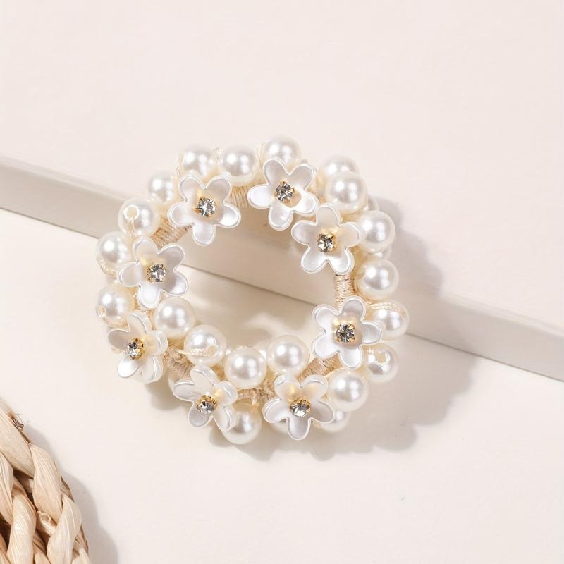 Faux Pearl Hair Rope Ponytail Hair Tie Flower Head Jewelry