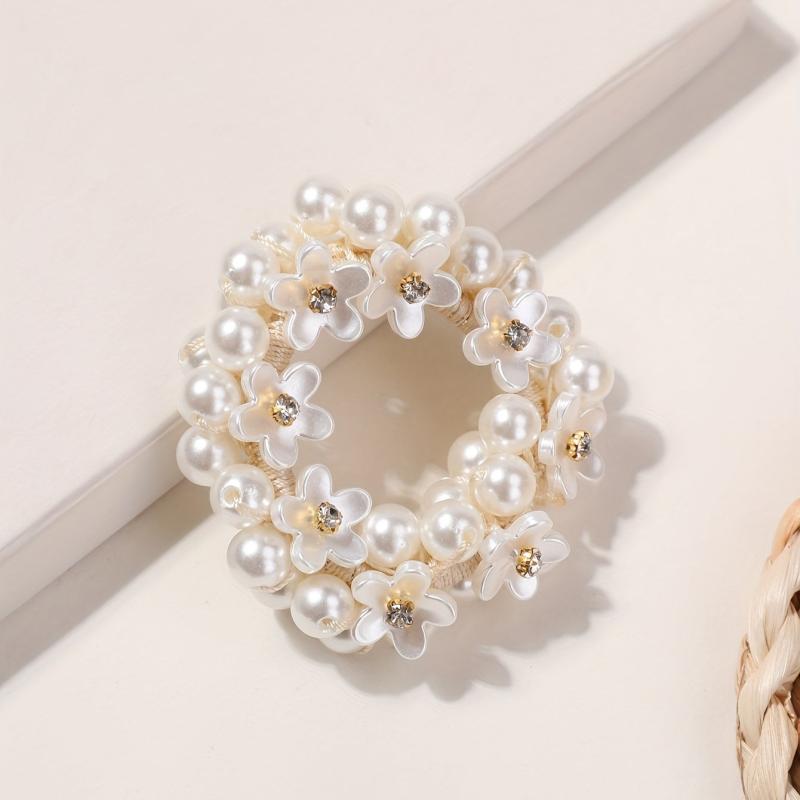 Faux Pearl Hair Rope Ponytail Hair Tie Flower Head Jewelry