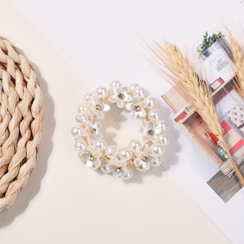 Faux Pearl Hair Rope Ponytail Hair Tie Flower Head Jewelry