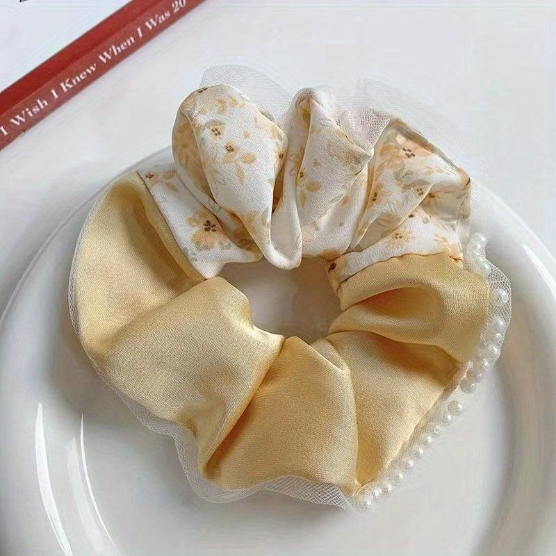 Floral Print Scrunchies Hair Tie Faux Pearl Brim Hair Rope