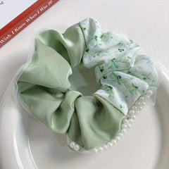 Floral Print Scrunchies Hair Tie Faux Pearl Brim Hair Rope