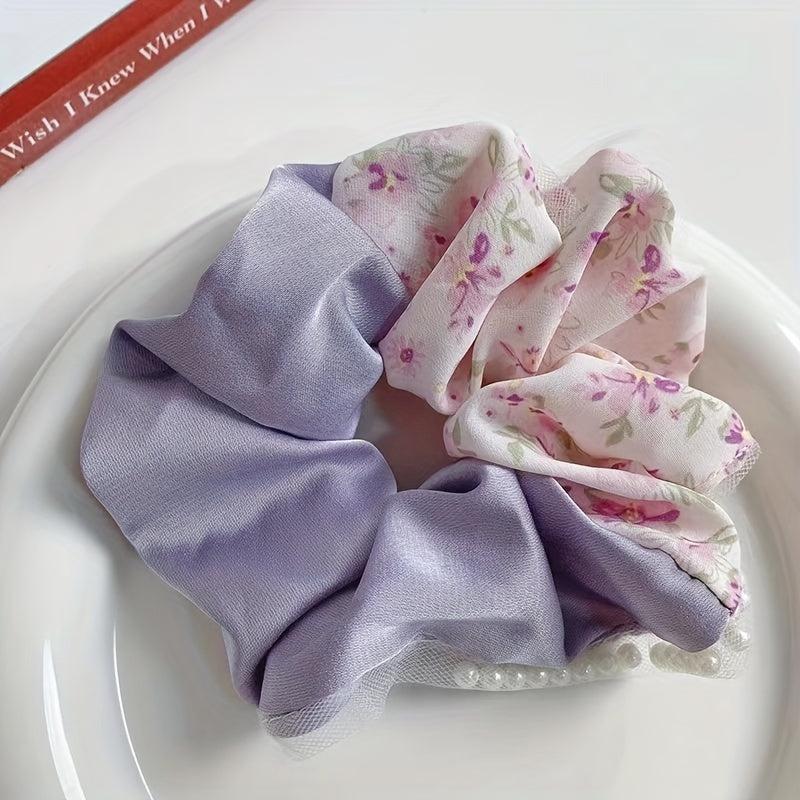 Floral Print Scrunchies Hair Tie Faux Pearl Brim Hair Rope