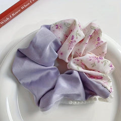 Floral Print Scrunchies Hair Tie Faux Pearl Brim Hair Rope