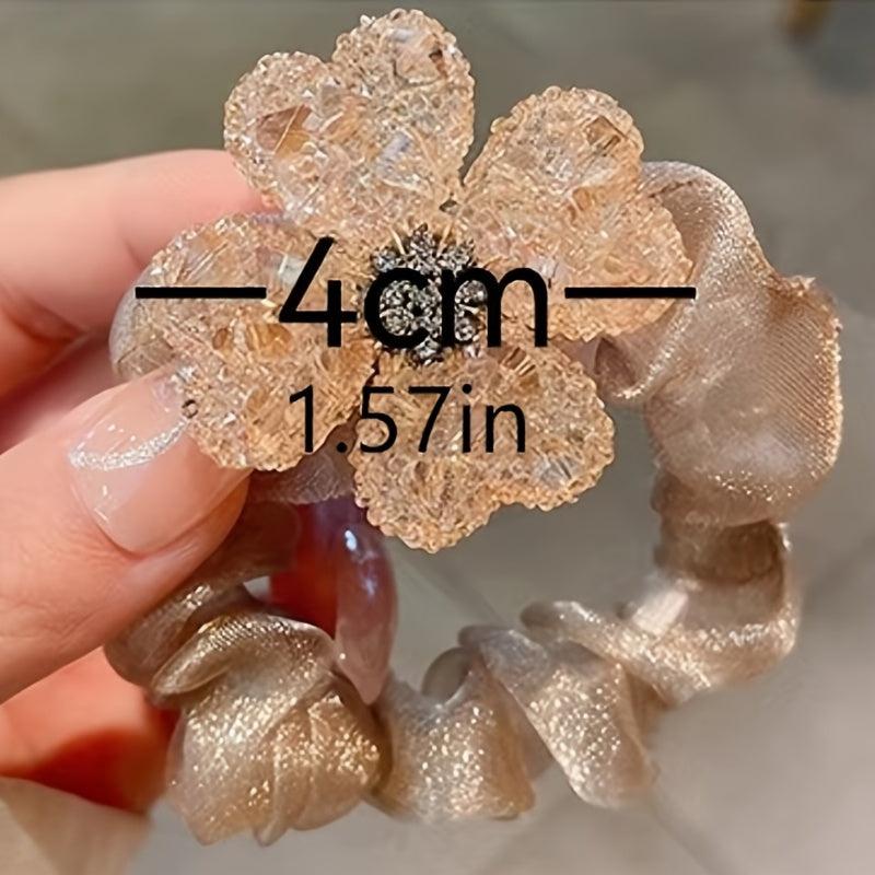 Rhinestone Flower Decor Hair Tie Organza Hair Rope Glitter Ponytail Holder