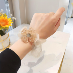 Rhinestone Flower Decor Hair Tie Organza Hair Rope Glitter Ponytail Holder
