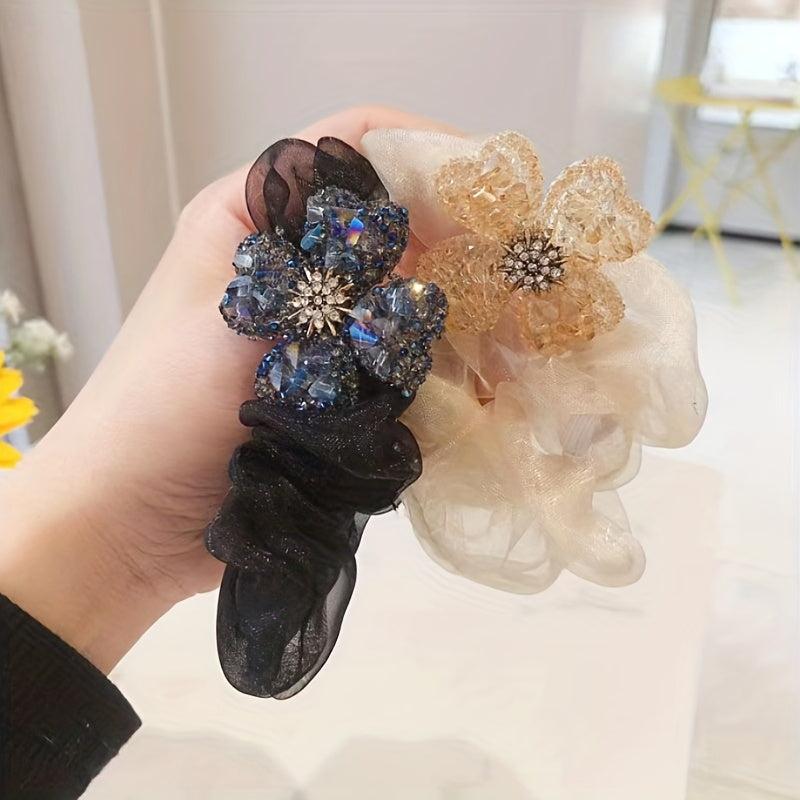 Rhinestone Flower Decor Hair Tie Organza Hair Rope Glitter Ponytail Holder