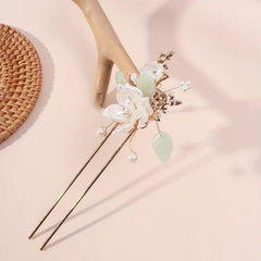 Retro Style Hair Fork Chinese Style Hair Stick Faux Pearl Flower Leaf Decor