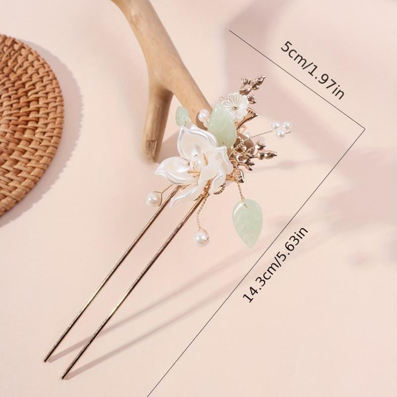 Retro Style Hair Fork Chinese Style Hair Stick Faux Pearl Flower Leaf Decor