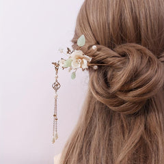 Retro Style Hair Fork Chinese Style Hair Stick Faux Pearl Flower Leaf Decor