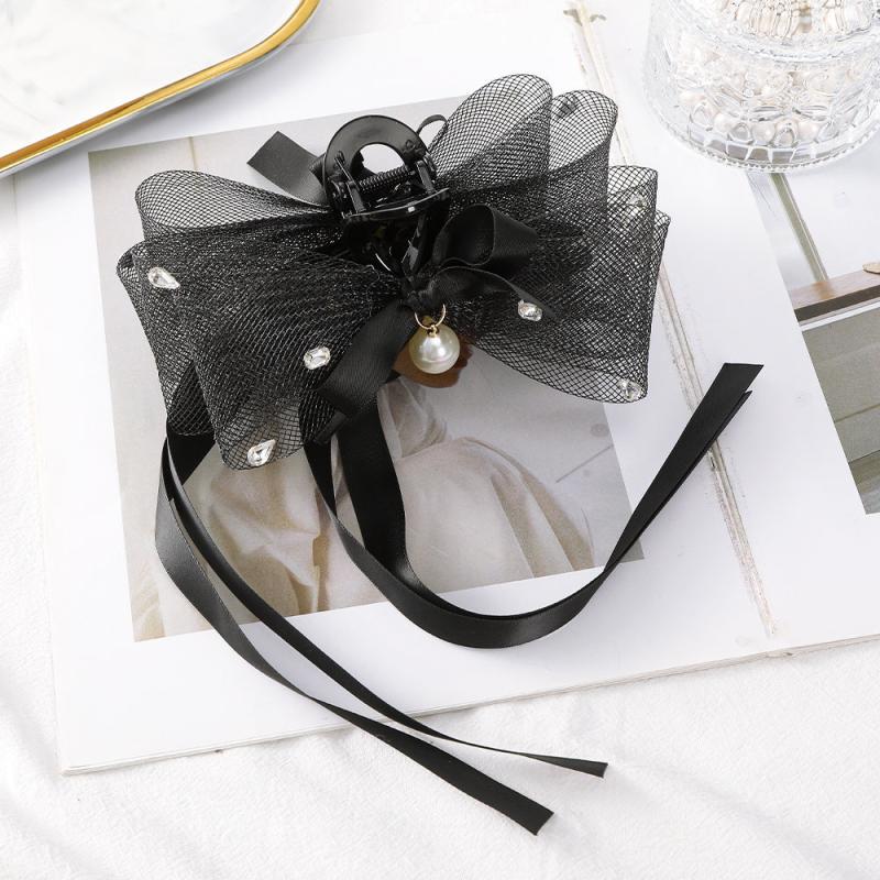 Mesh Bow Hair Claw With Faux Pearl and Ribbon Hair Accessories