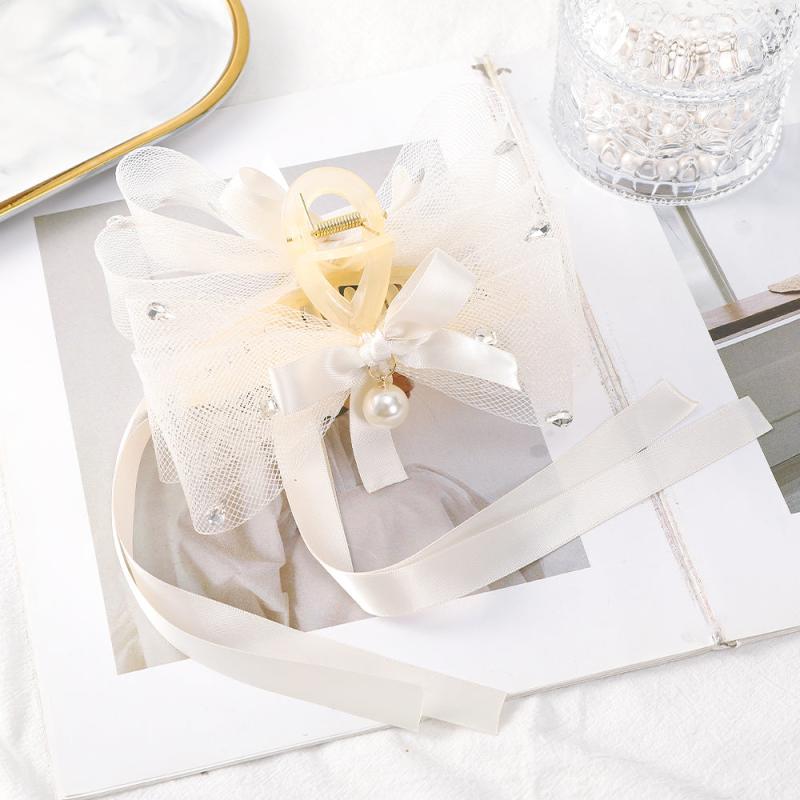 Mesh Bow Hair Claw With Faux Pearl and Ribbon Hair Accessories