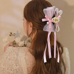 Mesh Bow Hair Claw With Faux Pearl and Ribbon Hair Accessories