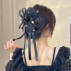 Mesh Bow Hair Claw With Faux Pearl and Ribbon Hair Accessories