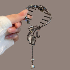 Opal Flower Hair Claw with Faux Pearl Tassel - Women Girls Hair Clip