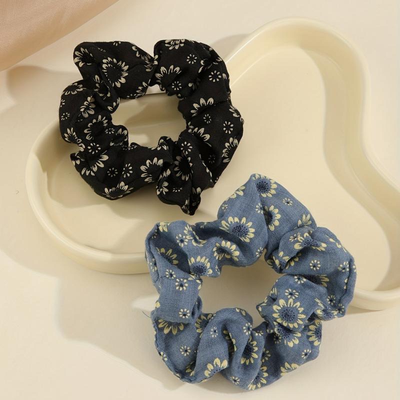 2pcs Boho Flower Print Scrunchies Hair Tie Vintage Sparkle Hair Rope