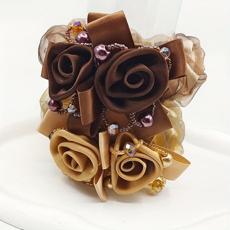 2pcs Large Silk Flower Hair Rope Scrunchies Coffee