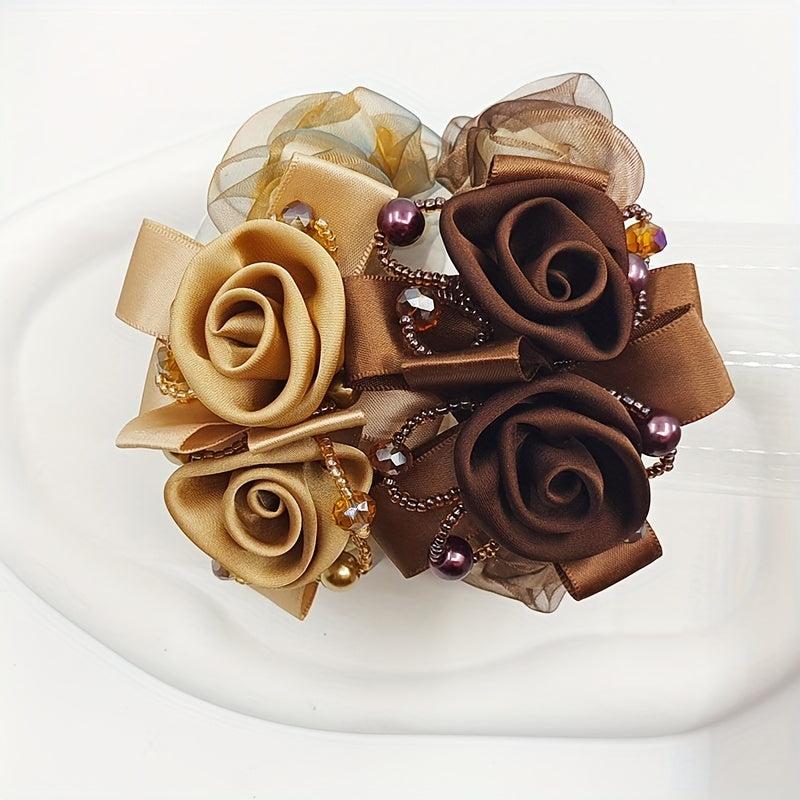2pcs Large Silk Flower Hair Rope Scrunchies Coffee