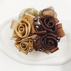 2pcs Large Silk Flower Hair Rope Scrunchies Coffee