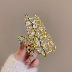 Butterfly Faux Pearl Hair Claw Rhinestone Back Head Clip Female